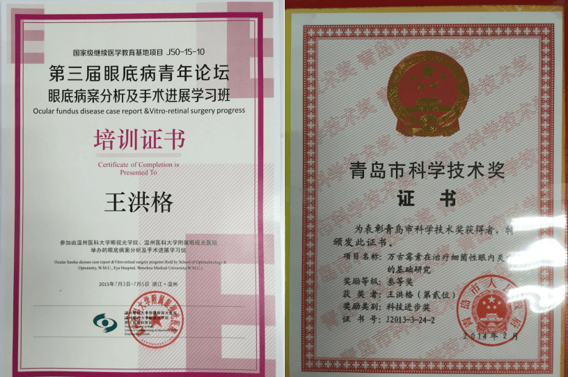 王洪格教授榮獲青島市科學技術獎+眼底病青年論壇培訓證書